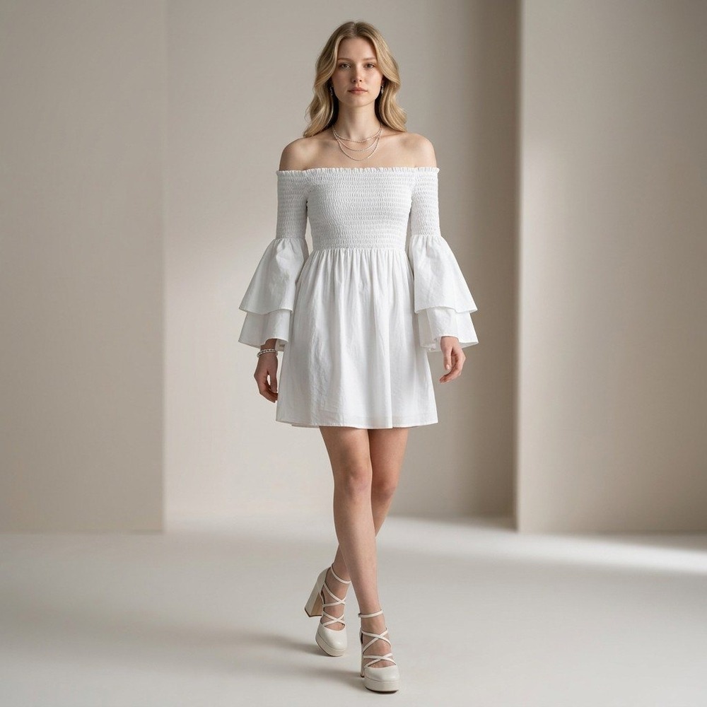 Caroline Constas Appolonia Smocked Off the Shoulder Bell Sleeve Mini Dress M